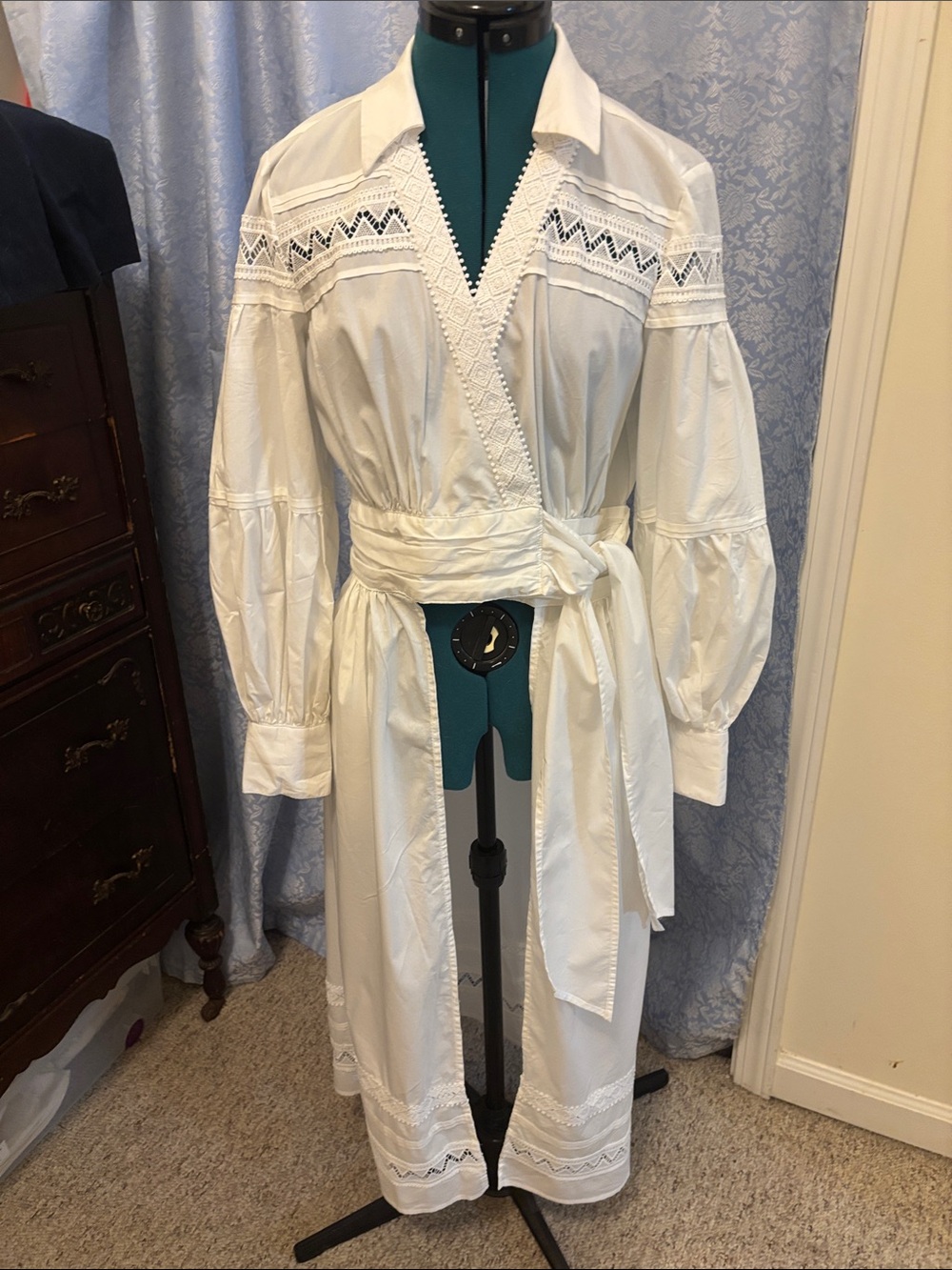 Women’s White Embroidered Wrap Blouse with Tie Waist
